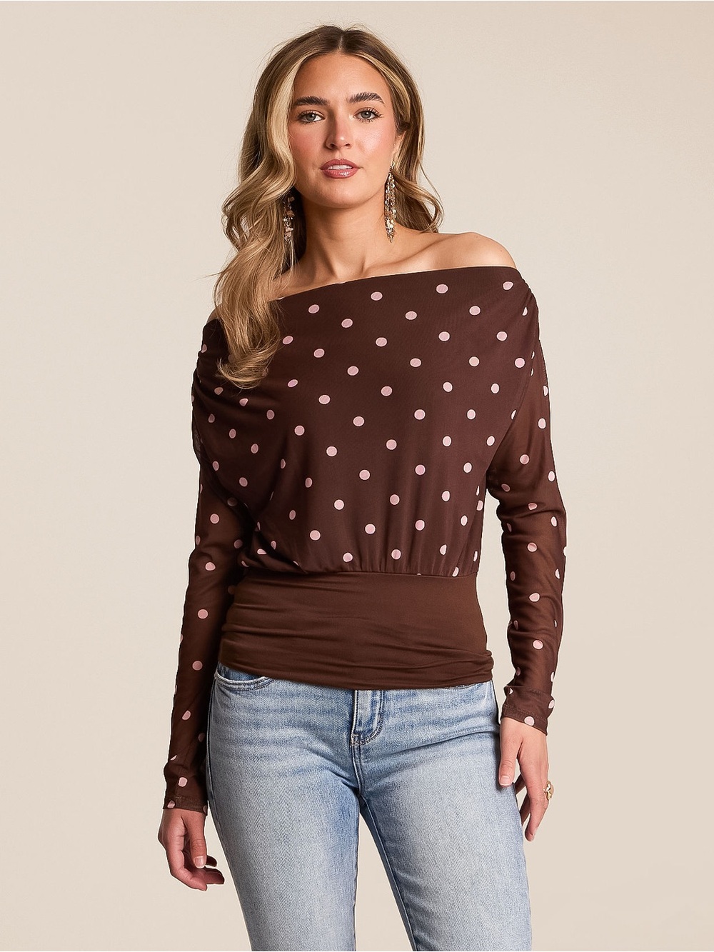 NWT Willow and root brown polka dot off shoulder top